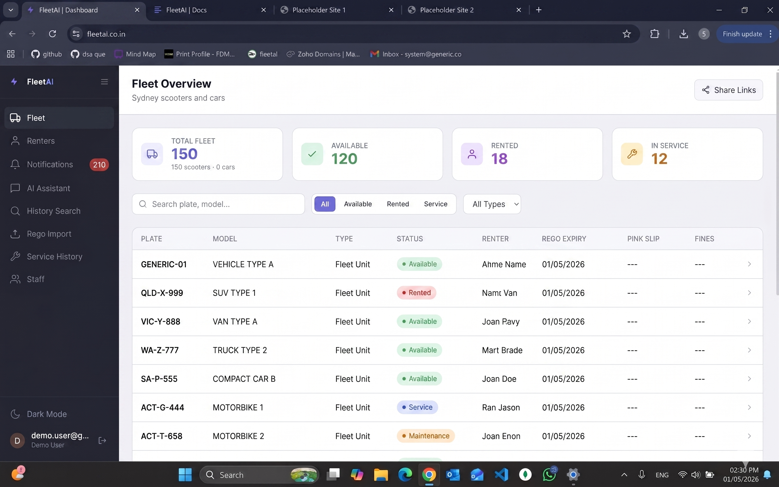 FleetAI fleet management dashboard — Dasi Boys Sydney